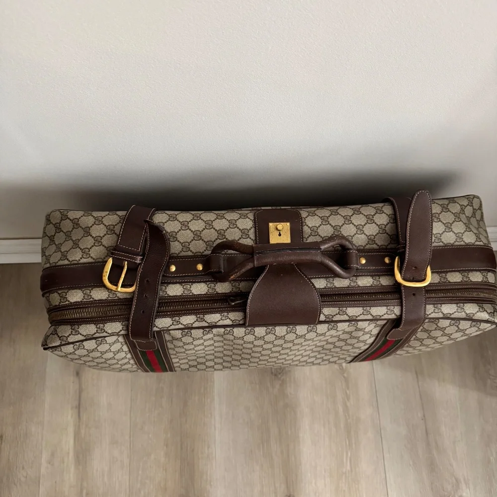 Vintage 1970 Gucci GG Supreme Suitcase Web Stripe Monogram Canvas Gold Closure - Picture 6 of 15